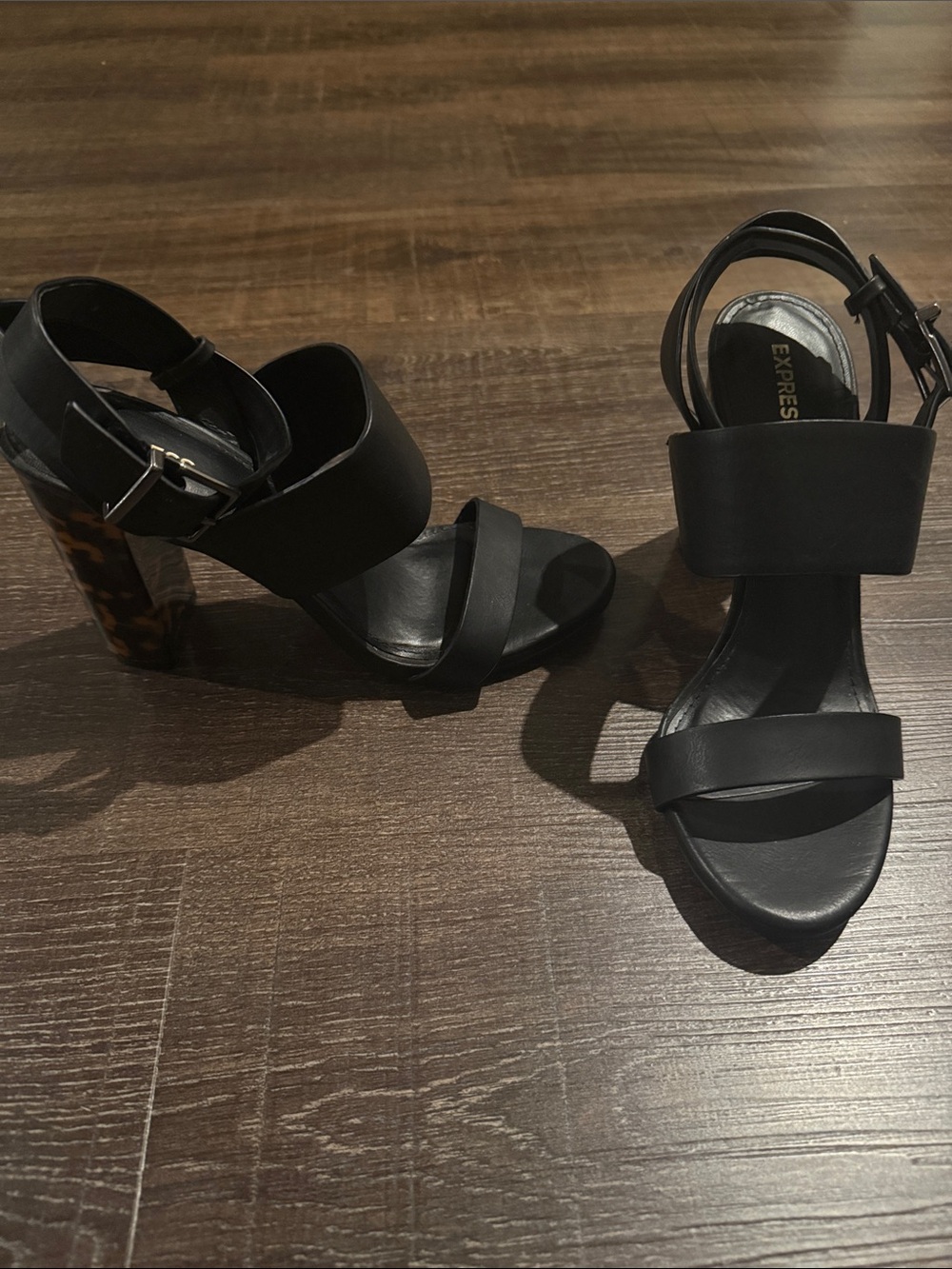 Express Black Sandal Heels with Tortoiseshell Block Heel